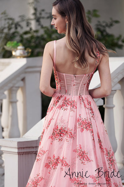 Fairy A Line Sweetheart Floral Printed Chiffon Long Prom Dress AB24121107