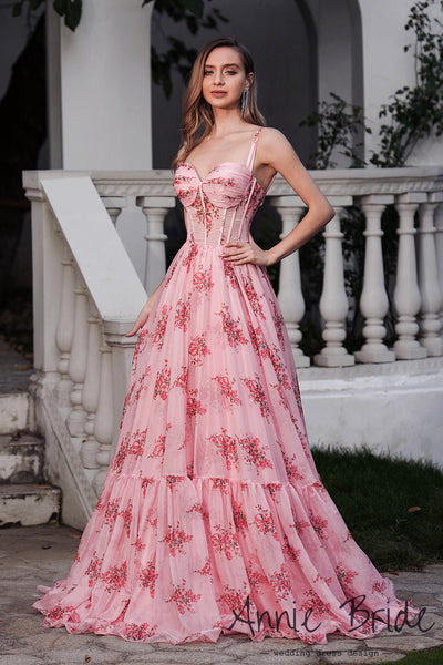 Fairy A Line Sweetheart Floral Printed Chiffon Long Prom Dress AB24121107