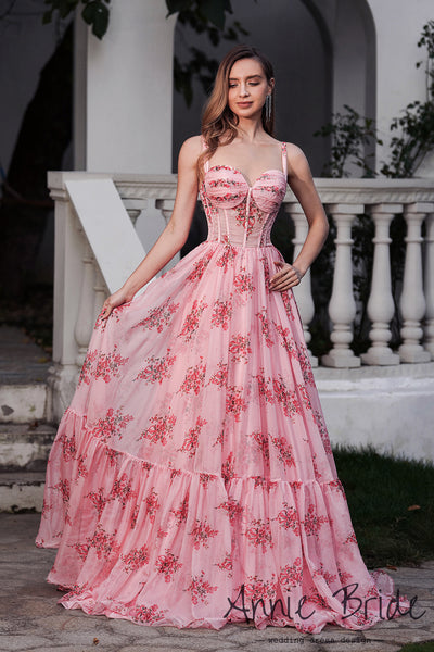 Fairy A Line Sweetheart Floral Printed Chiffon Long Prom Dress AB24121107