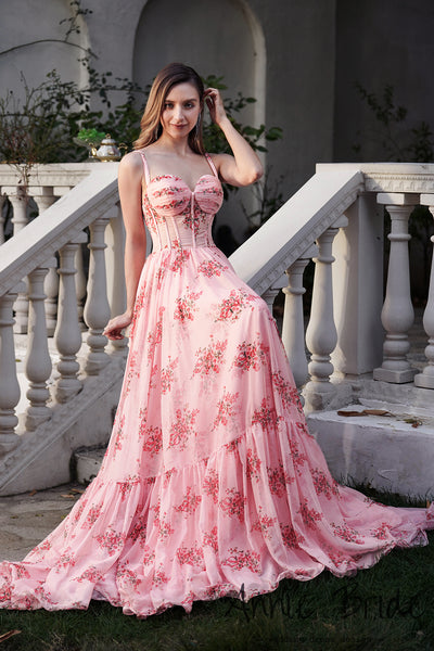 Fairy A Line Sweetheart Floral Printed Chiffon Long Prom Dress AB24121107