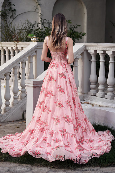 Fairy A Line Sweetheart Floral Printed Chiffon Long Prom Dress AB24121107