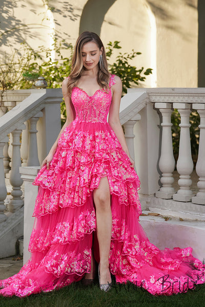 Gorgeous Ball Gown Sweetheart Hot Pink Sequins Lace Tiered Prom Dress with Slit AB24121109