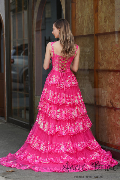 Gorgeous Ball Gown Sweetheart Hot Pink Sequins Lace Tiered Prom Dress with Slit AB24121109