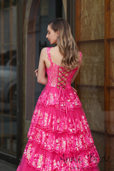 Gorgeous Ball Gown Sweetheart Hot Pink Sequins Lace Tiered Prom Dress with Slit AB24121109