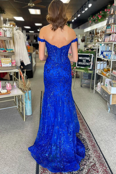 Charming Mermaid Off the Shoulder Royal Blue Sequins Lace Prom Dress AB24121707