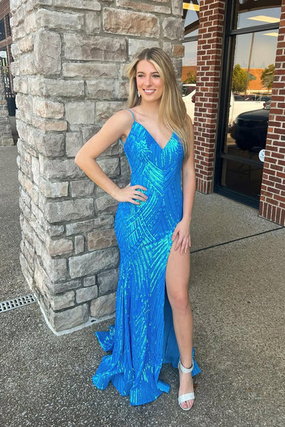 Unique Mermaid V Neck Blue Sequins Long Prom Dress with Slit AB24121708