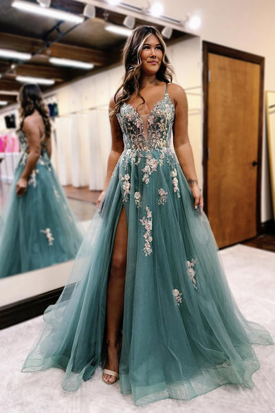 Fairy A Line V Neck Dusty Blue Tulle Long Prom Dress with Beading AB24110810