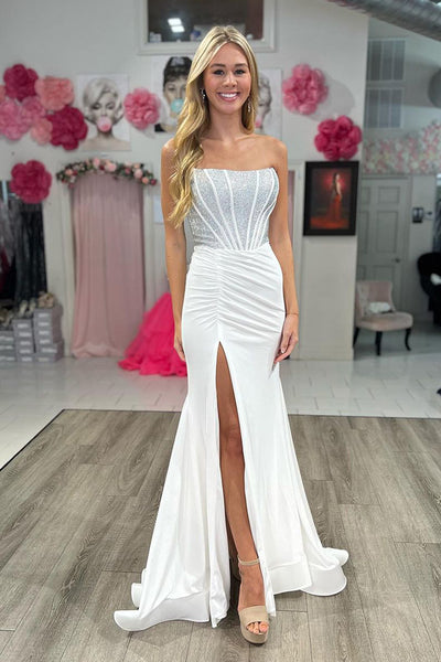 Charming Mermaid Sweetheart White Satin Long Prom Dresses with Beading AB111404