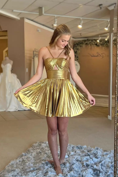 Cute A Line Straps Gold Satin Short Homecoming Dresses AB24110415