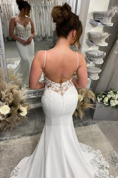 Elegant Mermaid V Neck Satin Wedding dress with Appliques Flower lace AB25021205