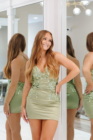 Cute V Neck Sage Green Satin Tight Homecoming Dresses with Appliques VK24082902