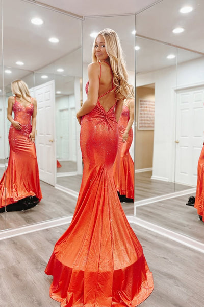 Sparkly Mermaid V Neck Rust Red Long Prom Dress with Hot Stone Beading AB24121601