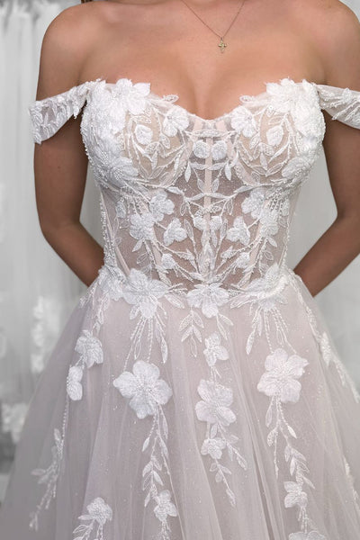 Fairy A Line Off the Shoulder Lace Tulle Bridal Dresses with Appliques