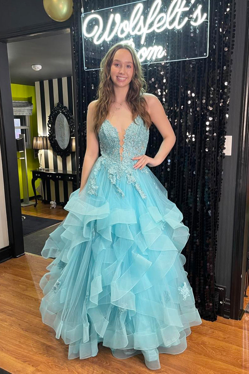 A Line V Neck Ruffle Long Prom Dress with Appliques AB4031603