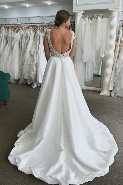 Ball Gown A Line V Neck Satin Long Wedding Dresses with Long Sleeves AB24101301