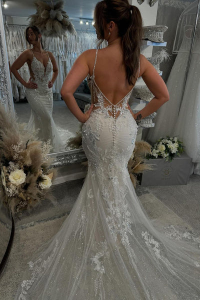 Fashion Mermaid V Neck Lace Bridal Dresses with Appliques