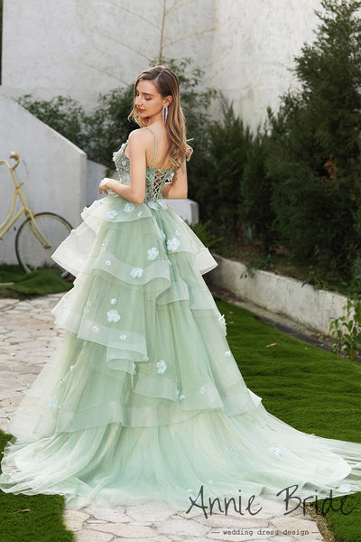 Fairy Ball Gown V Neck Sage Green Tiered Tulle Prom Dress Sweet 16 Dresses AB24121209