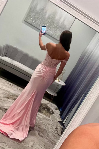 Charming Mermaid Off the Shoulder Pink Satin Prom Dress with Slit AB25012304