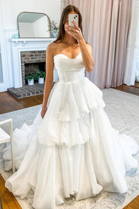 A-Line Strapless Tiered Wedding Dresses with Train AB4052901