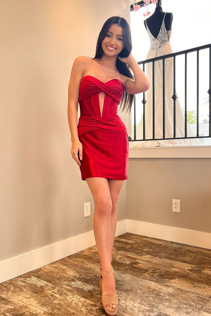 Cute Bodycon Sweetheart Red Sparkly Satin Homecoming Dresses AB24072902