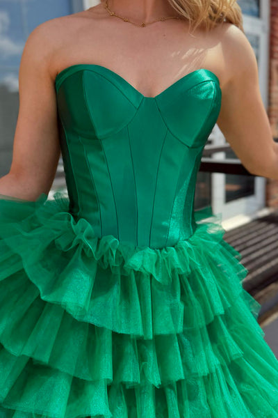 Cute A Line Sweetheart Green Tulle Tiered Long Prom Dresses with Slit AB24092602