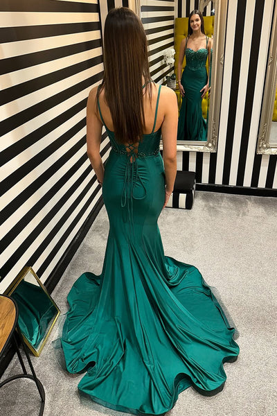 Elegant Mermaid Sweetheart Dark Green Elastic Satin Long Prom Dress with Slit AB25010212