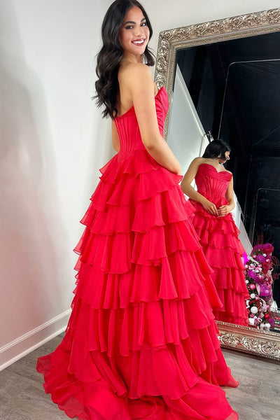 Cute A Line Sweetheart Red Chiffon Tiered Long Prom Dresses with Slit AB24120907