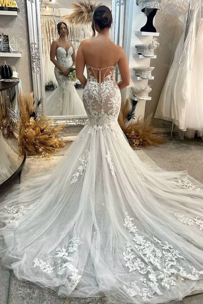 Elegant Mermaid Sweetheart Tulle Wedding Dresses with Appliques AB24070206