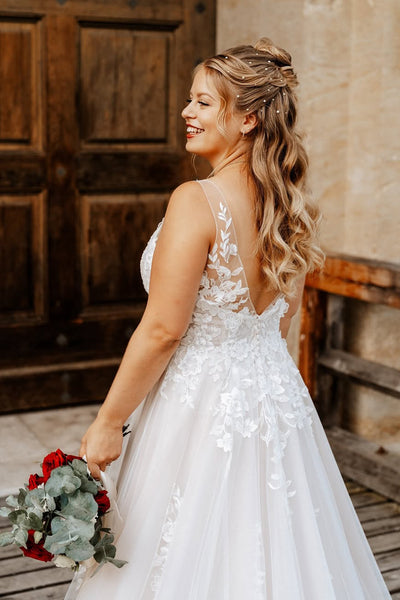 Fairy A Line V Neck White Tulle Long Wedding Dress with Appliques AB24121810