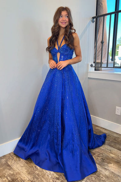 Cute A Line Keyhole V Neck Royal Blue Satin Prom Dresses with Beading AB24103104