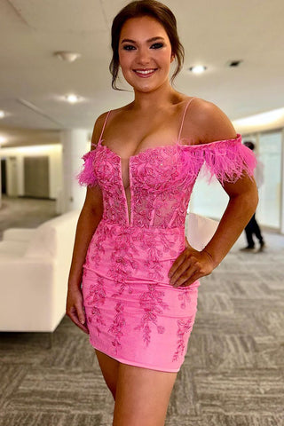 Cute Bodycon Off the Shoulder Hot Pink Lace Homecoming Dresses AB072903