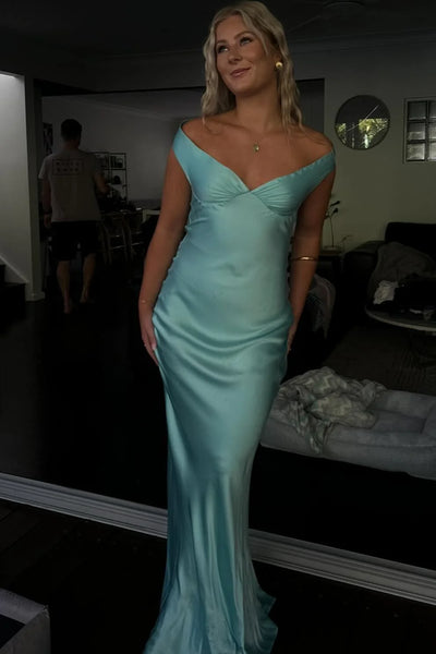 Charming Sheath Off the Shoulder Mint Silk Satin Long Prom Dress AB25012503