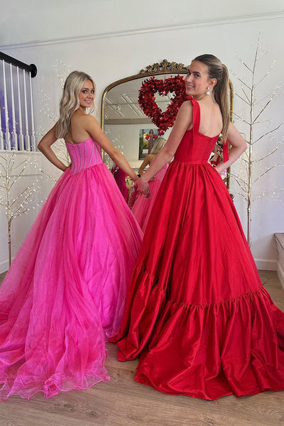 Red Sweetheart Satin A-Line Long Prom Dresses AB4022605