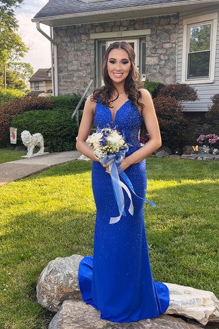 Charming Mermaid V Neck Royal Blue Satin Long Prom Dresses with Beading