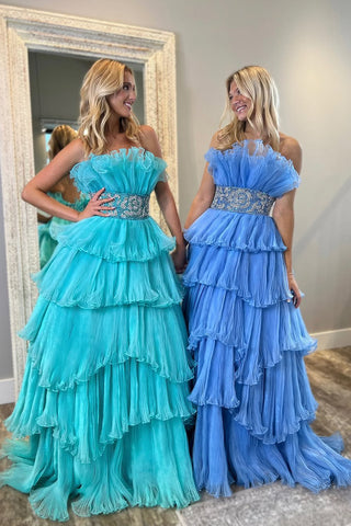 Gorgeous Ball Gown Strapless Organza Tiered Prom Dresses with Beading AB24112808