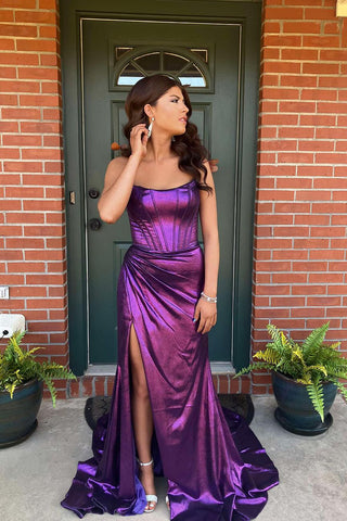 Charming Mermaid Scoop Neck Purple Long Prom Dresses with Slit AB24102808