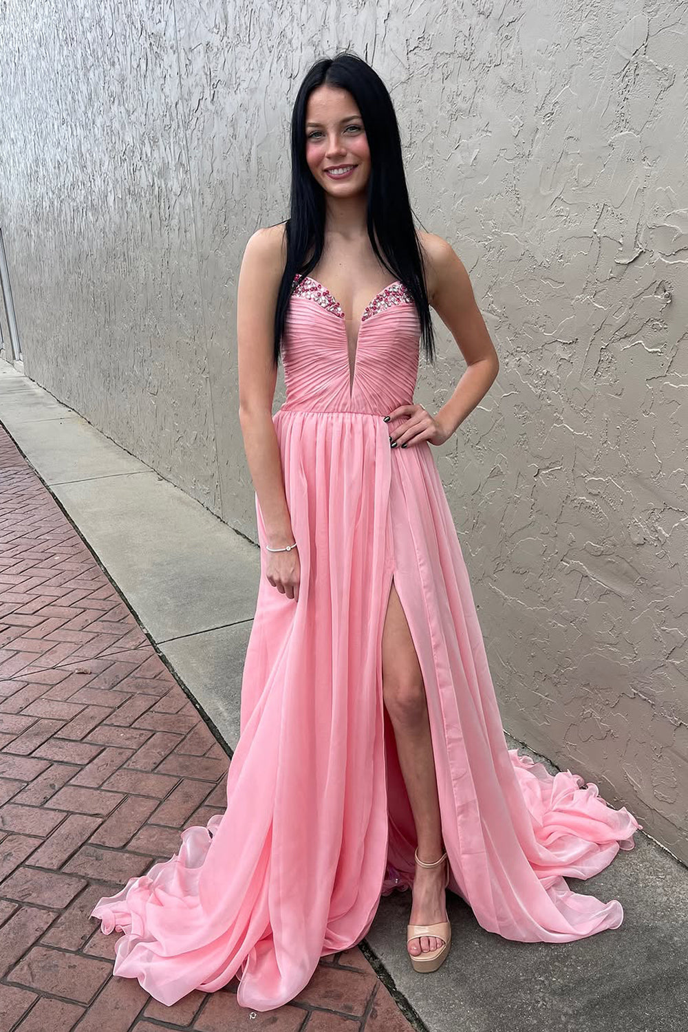 Cute Mermaid V Neck Pink Chiffon Long Prom Dresses with Beading AB24112212