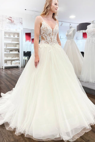 Fairy Ball Gown V Neck Tulle Wedding Dresses with Appliques AB070405