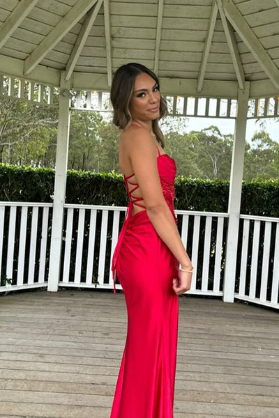 Charming Mermaid Sweetheart Red Satin Long Prom Dresses with Appliques AB24120606