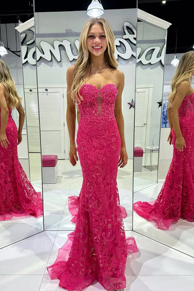 Charming Mermaid Sweetheart Keyhole Fuchsia Lace Prom Dress with Appliques AB25012303