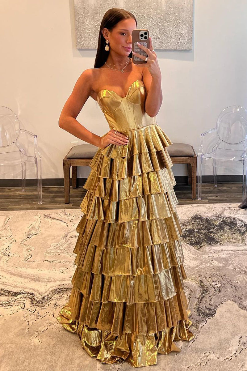 Unique Strapless Gold Ruffle Tiered Satin Long Prom Dress AB4051602