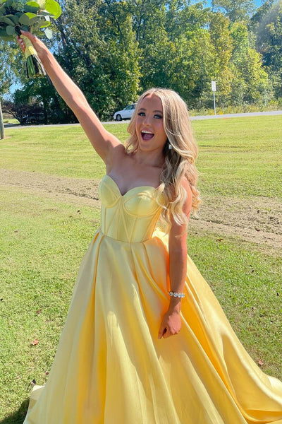 Cute Ball Gown Sweetheart Yellow Satin Long Prom Dresses AB24101108