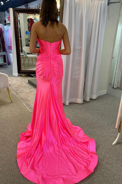 Charming Mermaid Sweetheart Pink Satin Long Prom Dresses with Slit AB24112215