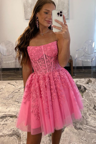 Cute A Line Strapless Hot Pint Tulle Short Homecoming Dresses with Appliques AB080801