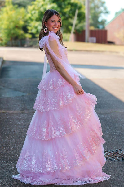 Fairy A Line V Neck Pink Tulle Long Prom Dresses with Appliques AB24101306