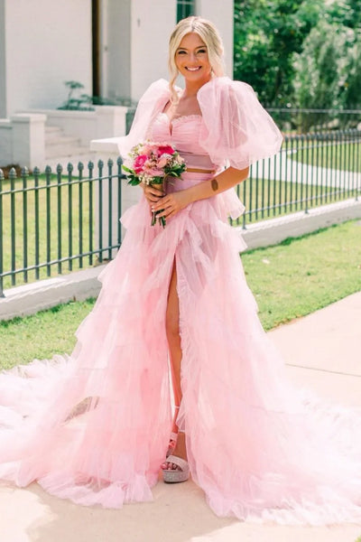 Cute A Line Sweetheart Light Pink Tulle Tiered Prom Dress with Ruffled Sleeves AB25020106