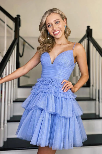 Cute A Line V Neck Blue Tulle Short Homecoming Dresses AB092401