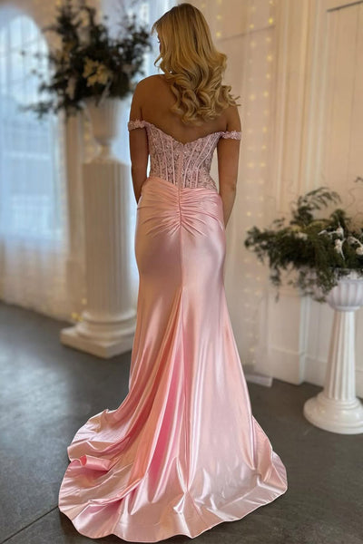 Elegant Mermaid Off the Shoulder Blush Pink Stretch Satin Prom Dress with Appliques AB25010306