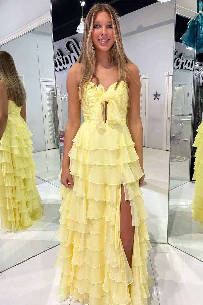 Elegant A Line Sweetheart Keyhole Yellow Chiffon Tiered Prom Dress AB25010303