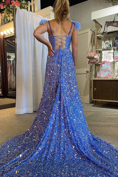 A-Line V Neck Blue Sequins Long Prom Dress with Slit AB4050801